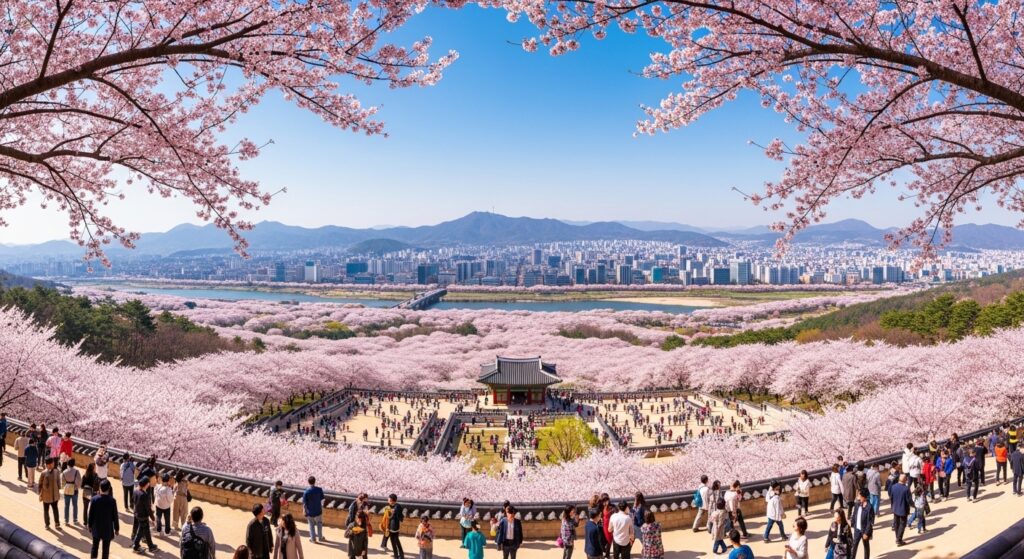 도심에서 벚꽃구경을 나온 사람들