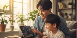 아빠와 아이가 혜택을 찾아보고 웃고있는 모습